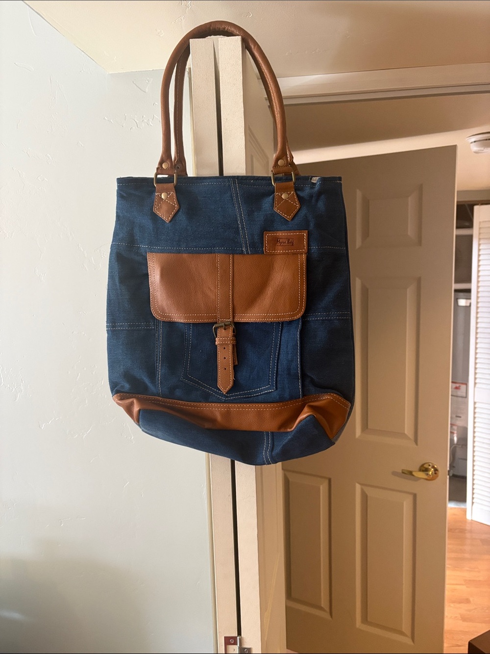 Myra Bag Blue Canvas Shoulder Tote with Brown Leather Trim